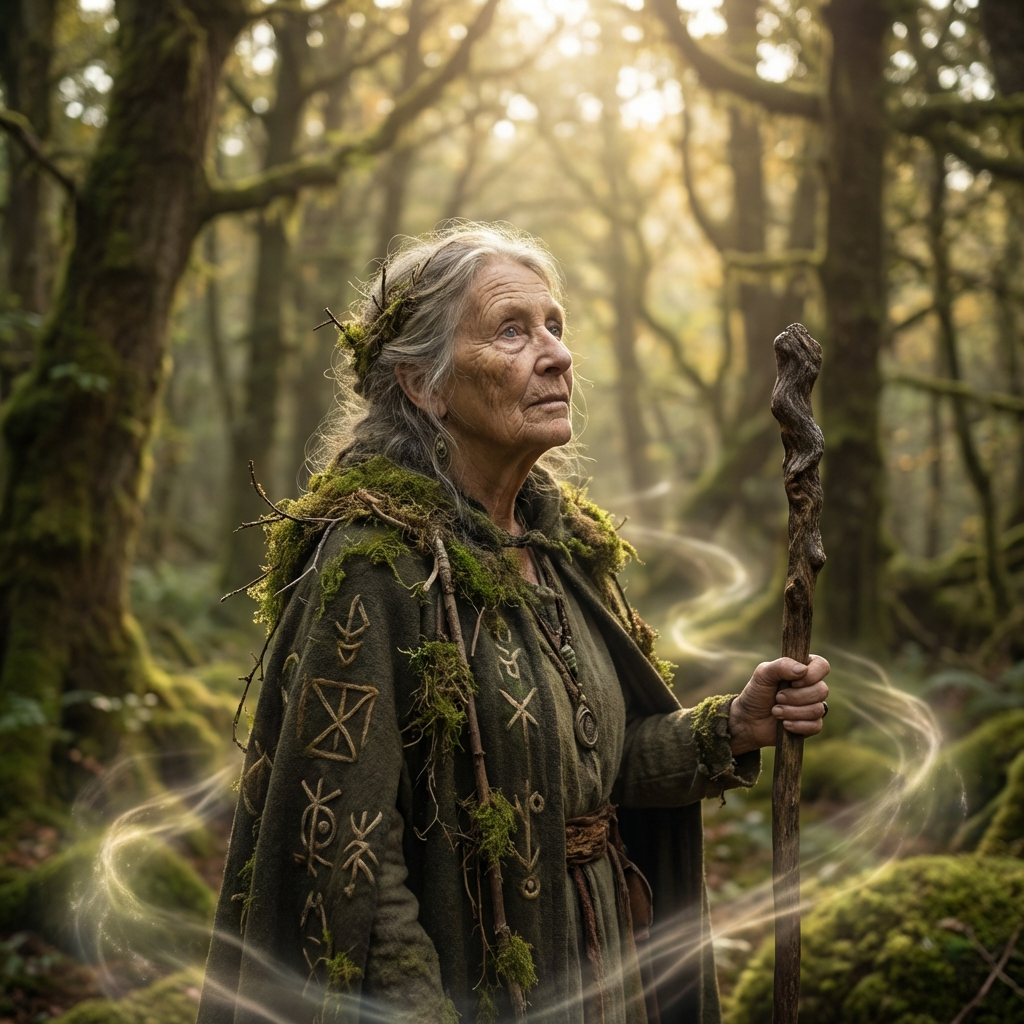 An elderly druid with a wooden staff stands in a sunlit forest with magical wisps.