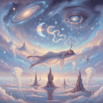 Woman floats in a surreal cosmic dreamscape with a giant eye, galaxies, and jellyfish.