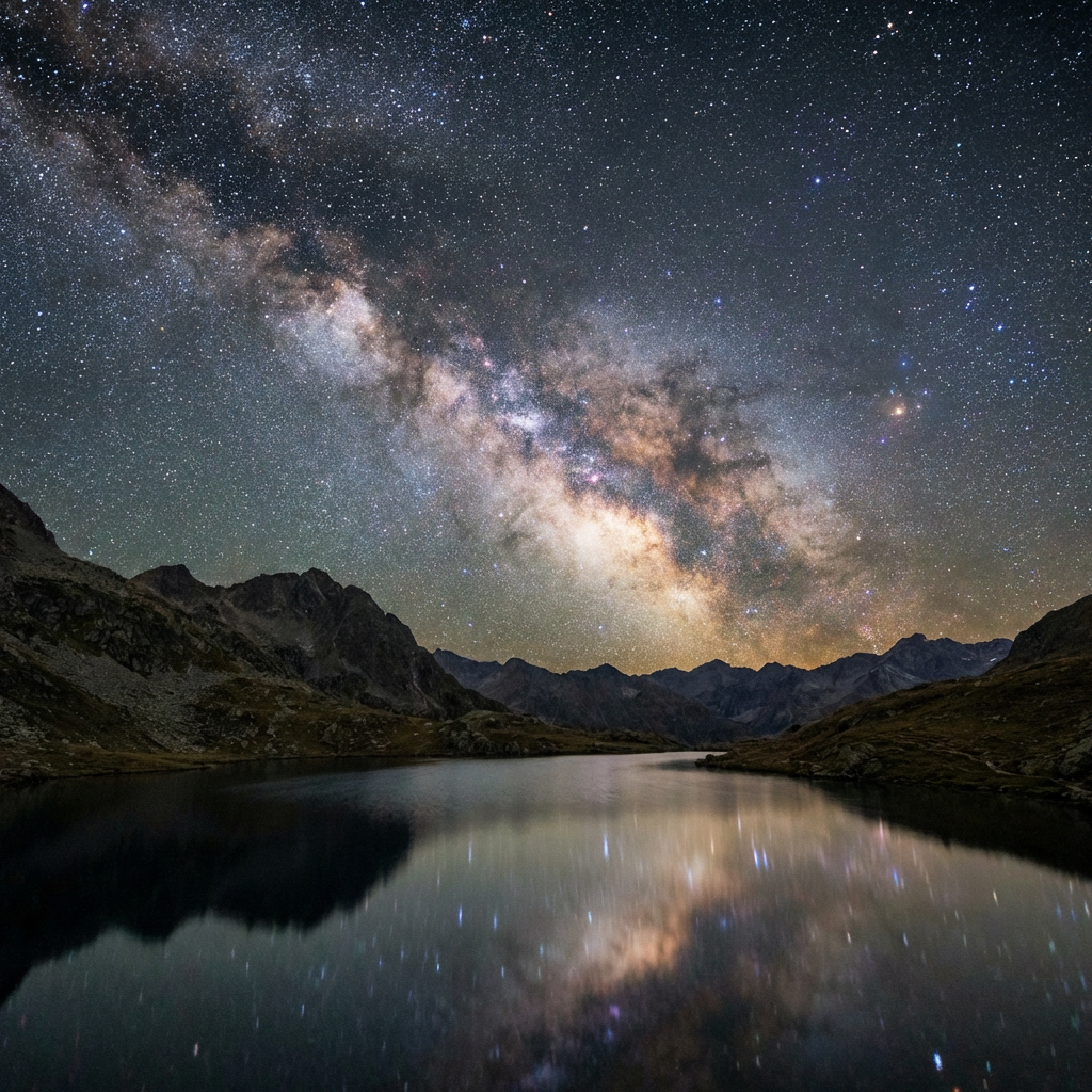 Milky Way galaxy over dark mountain ridges and a calm, reflective lake at night.